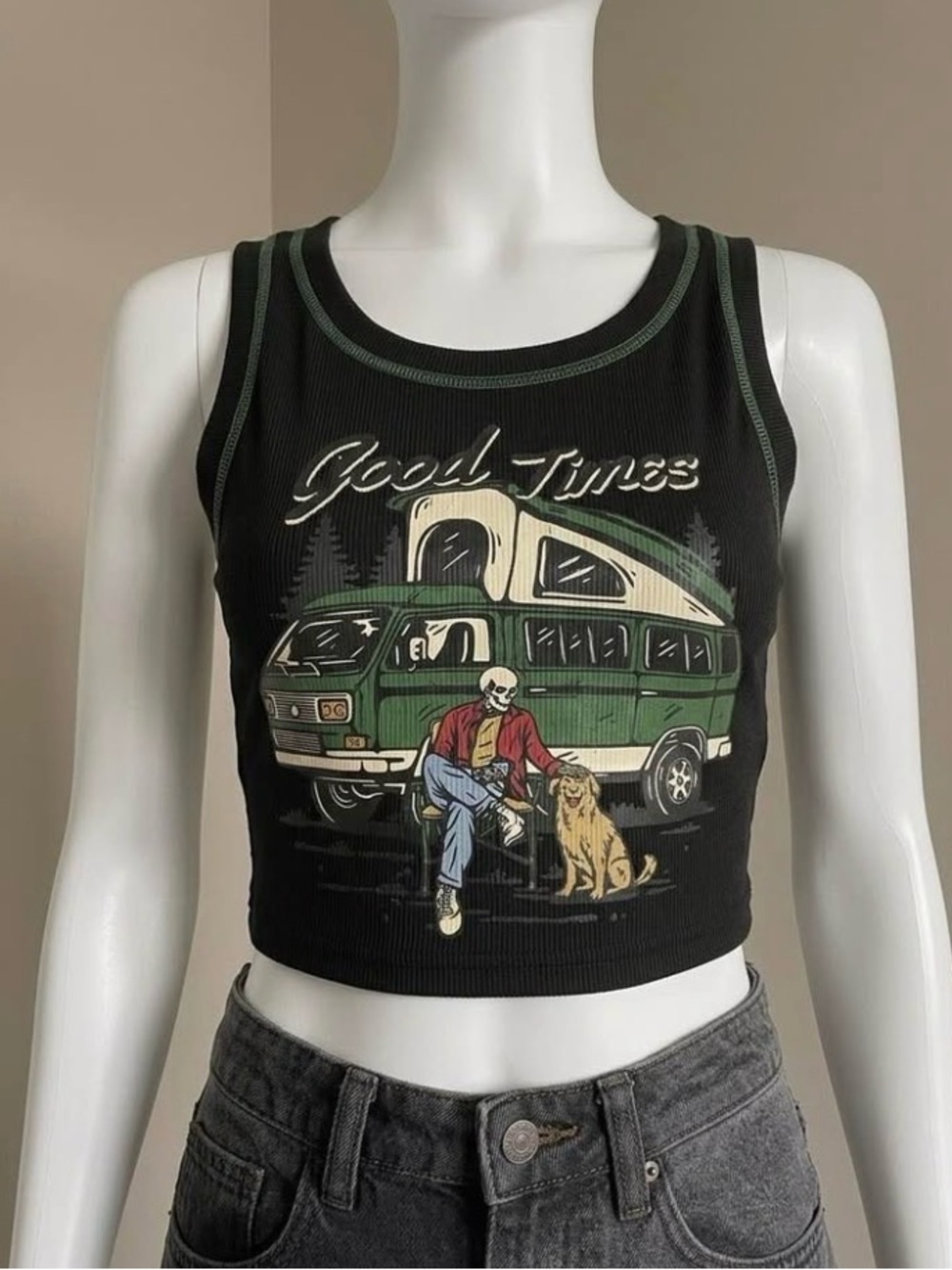 ROMWE Black Ribbed Good Times Camper Van Graphic Crop Tank Top Size Small Y2K